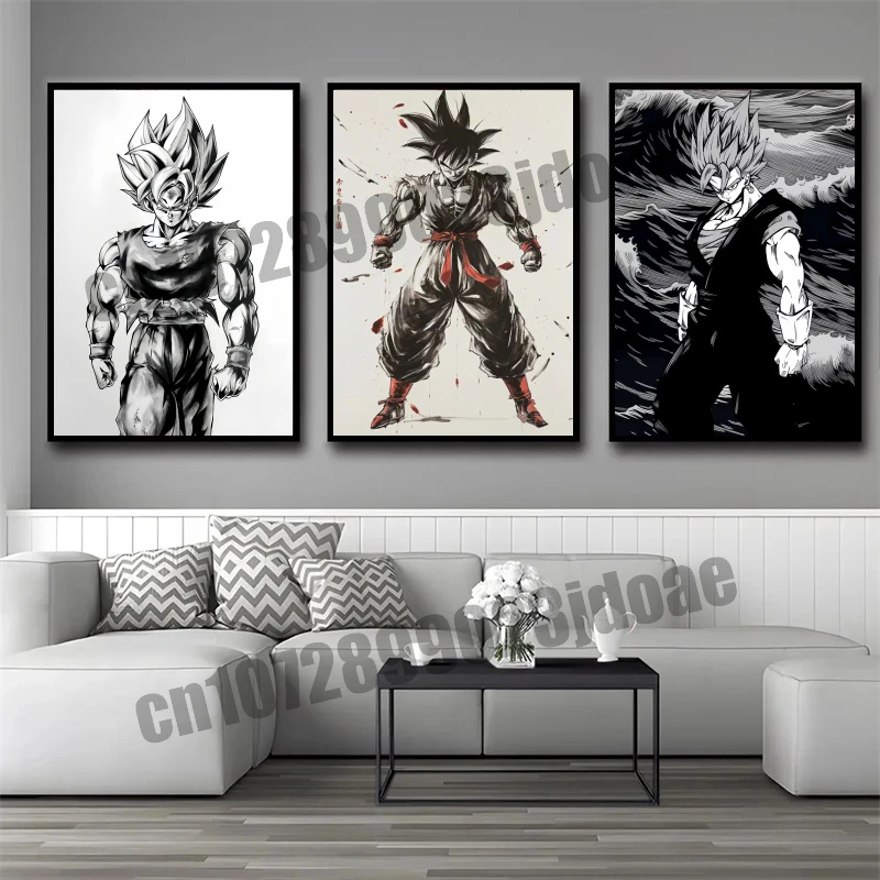 Anime Dragon Ball Goku Vegeta Super Saiyan Hitam dan Putih Gaya Sketsa Cat Air Kanvas Gambar Garis Poster Hadiah Terbaik