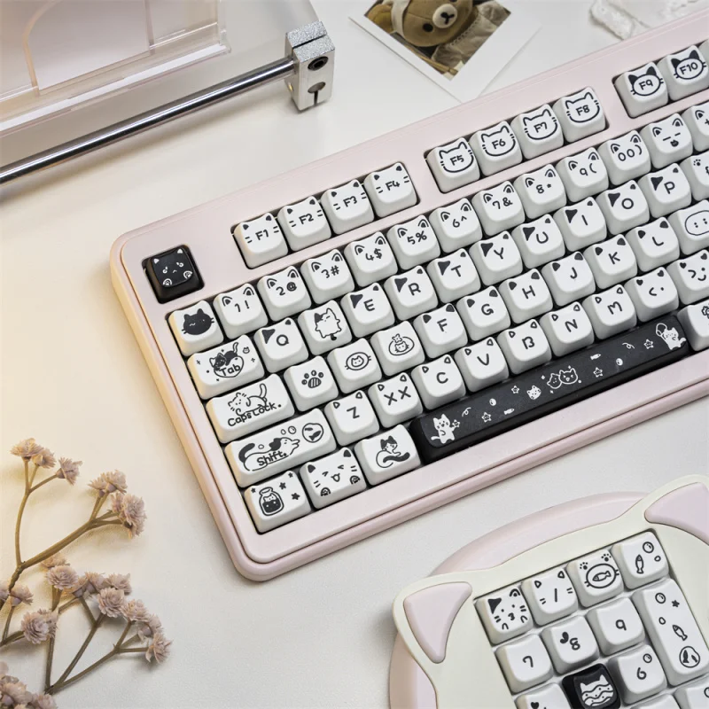 

Black White Cat Keycap 136 Keys Cute OEM Custom Mao Profile Dye-Sublimation Key Caps For MX Swithes Mechanical Keyboards 60% 75%