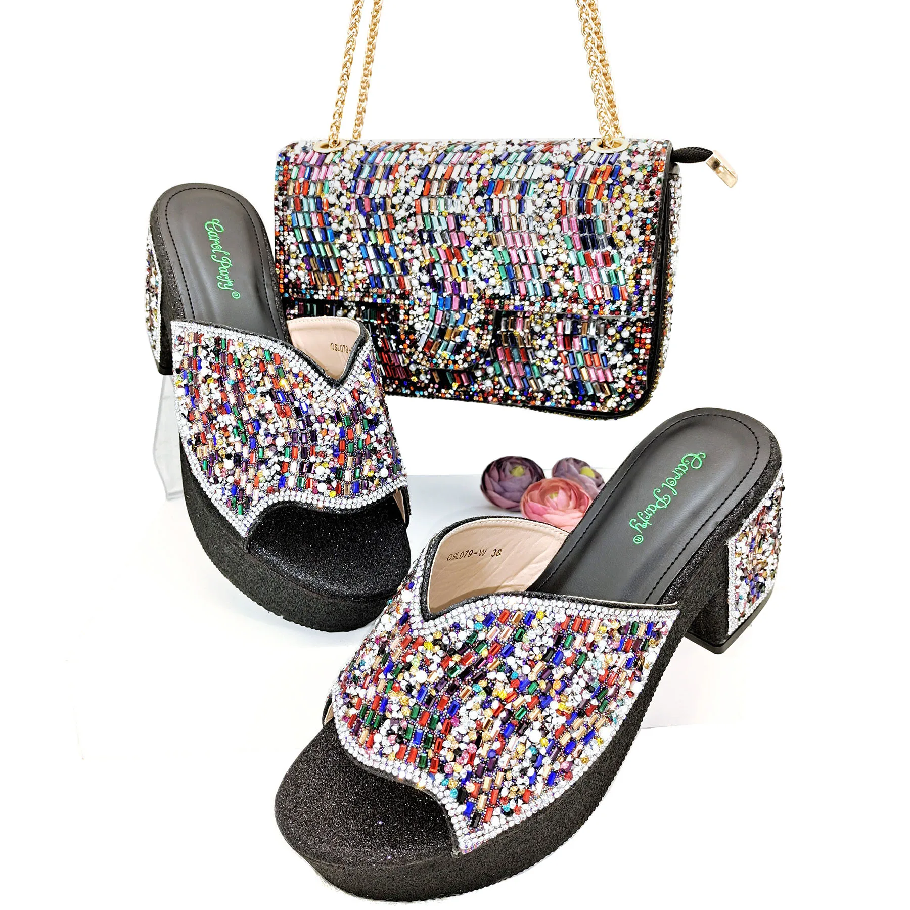 

Italian Design New Women's Rainbow High Heels Nigerian Fashion Versatile Sandals Square Root Design Fish Mouth Shoes Bag Set