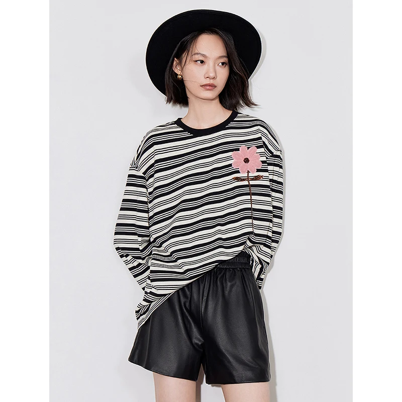 TOYOUTH Women Hoodies Sweatshirt 2024 Autumn New Striped Flower Embroidery Patchwork Long Sleeve O Neck Pullover Tops