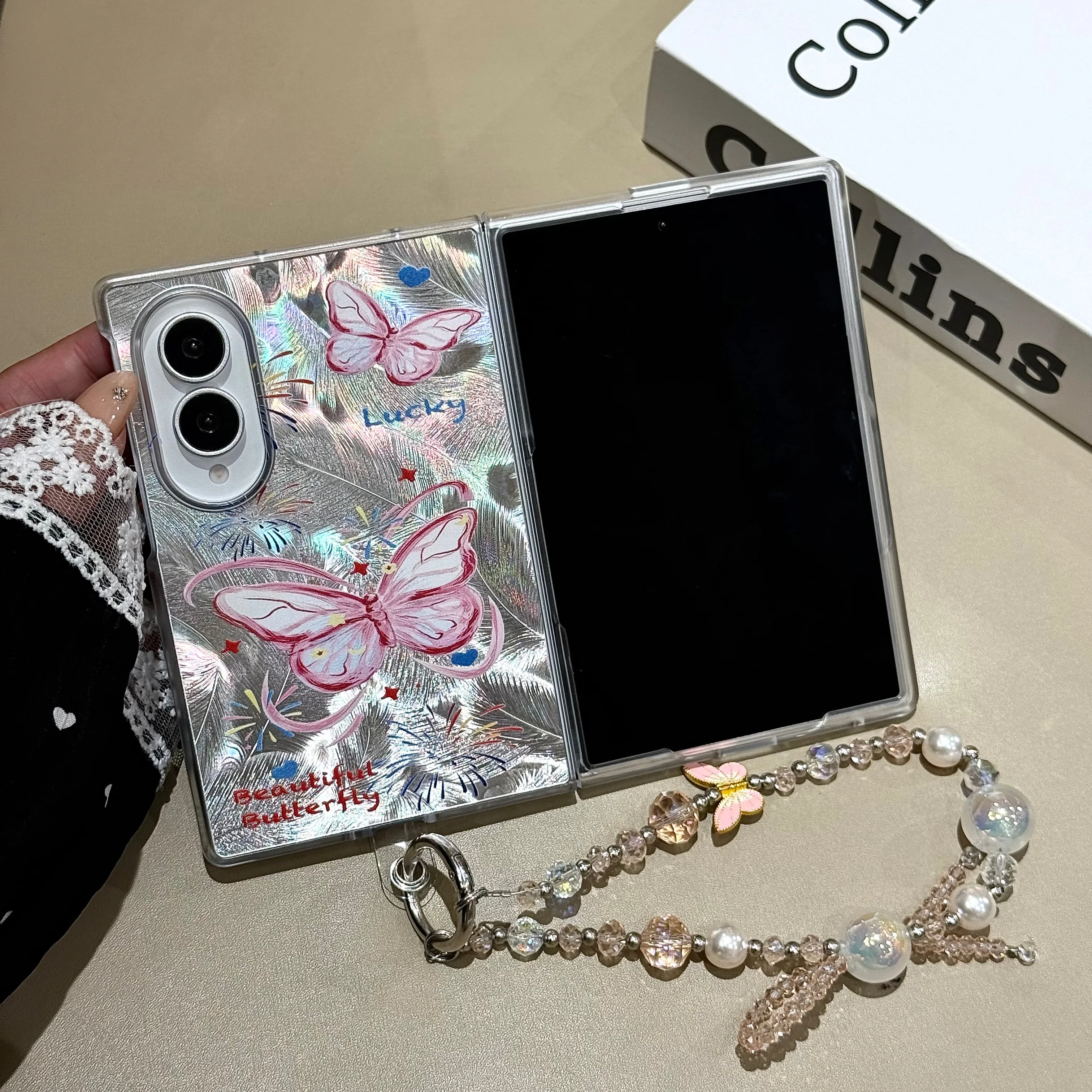 Silver Shimmer Pink Butterfly Foldable Phone Case For Samsung Galaxy Z Fold 8 Ultra 7 6 5 4 3 Cover With Crystal Beads Butterfly