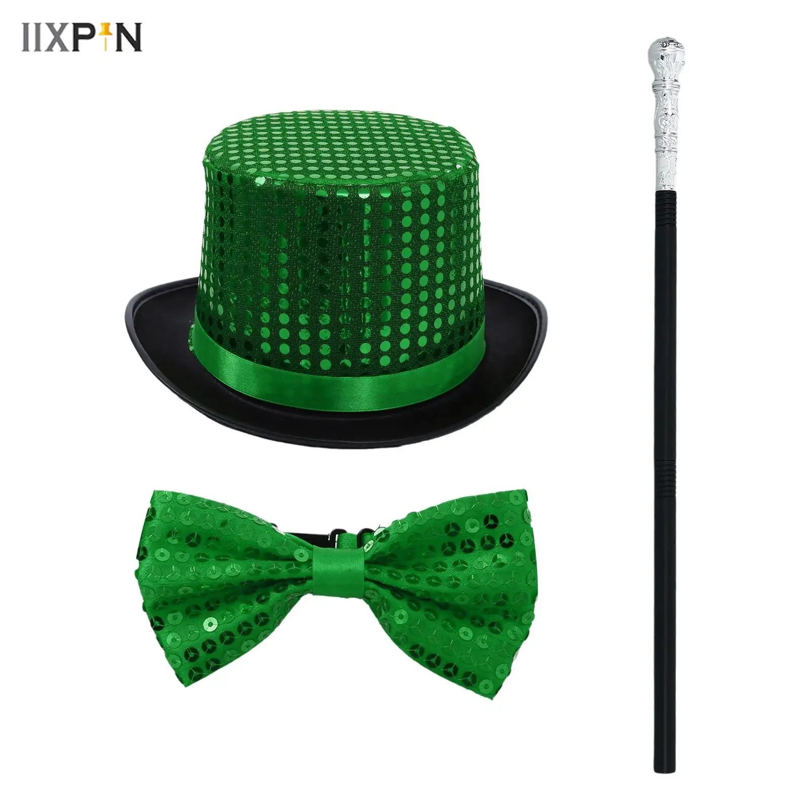 

Halloween Magician Props Kids Sequins Top Hat+Bowtie+Detachable Wand Carnival Festival Cosplay Fancy Dress Up Accessories Set