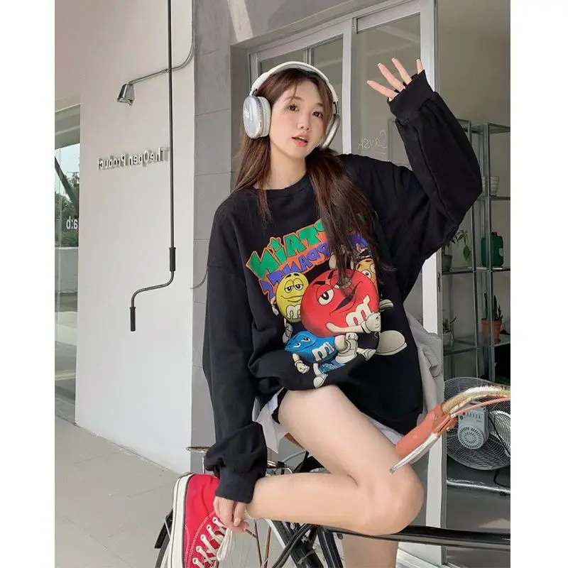 American Funny Beans Cartoon Graphic Hoodies Women Hip Hop Oversized Sweatshirt Autumn Winter All-match Couples Kawaii Clothes