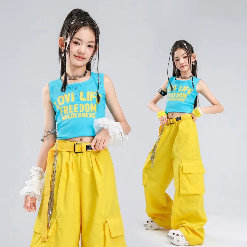 Jazz Dance Costume Blue Top with letter Print Yellow Wide Leg Cargo Pants Group Hip Hop Show Stage Wear Performance Streetwear