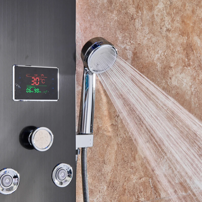 Faucet Bathroom Waterfall Rain Black Shower LED Light Shower Panel In Wall Shower System with Spa Massage Sprayer and Bidet Tap