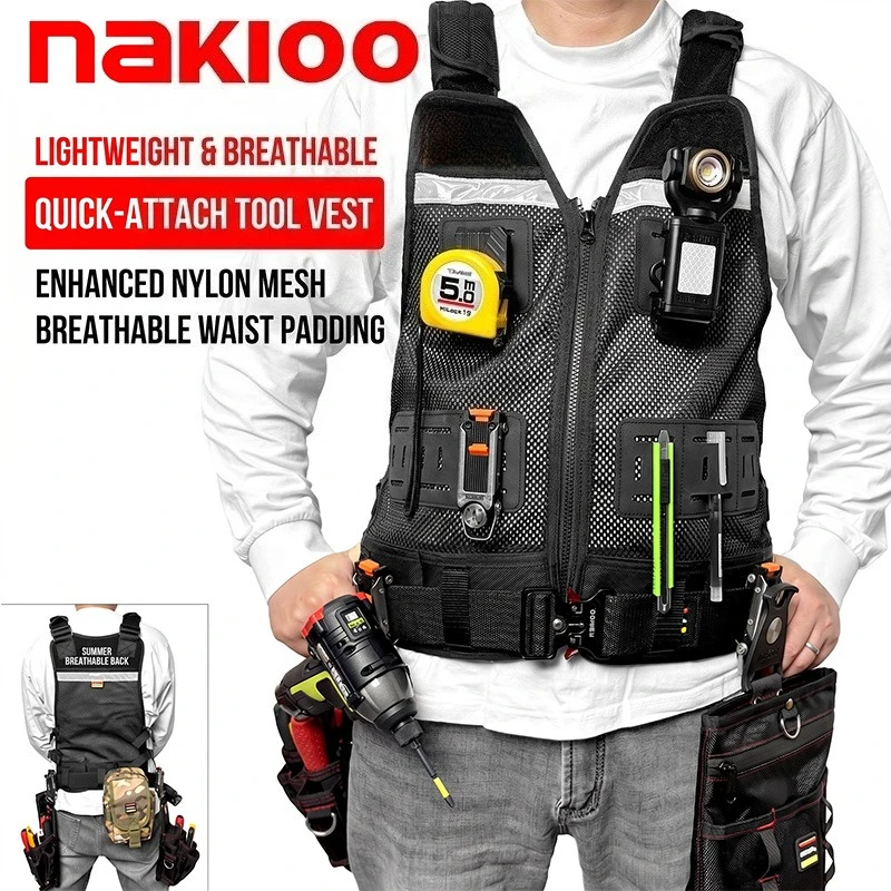 NAKIOO Breathable Nylon Mesh Tool Vest Multifunctional Quick Clip Tool Carrier Expandable Tool Pouch for Electrician Carpenter