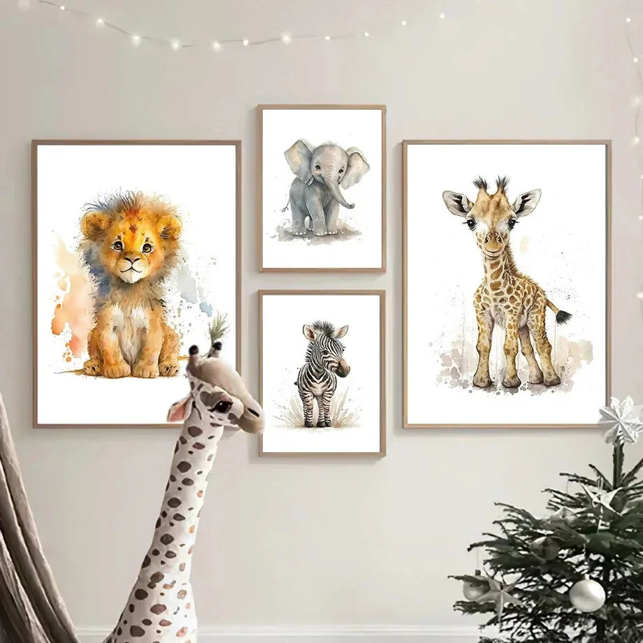 Elephant Lion Giraffe Tiger Zebra Nursery Canvas Painting Wall Art Picture for Living Room Decoration