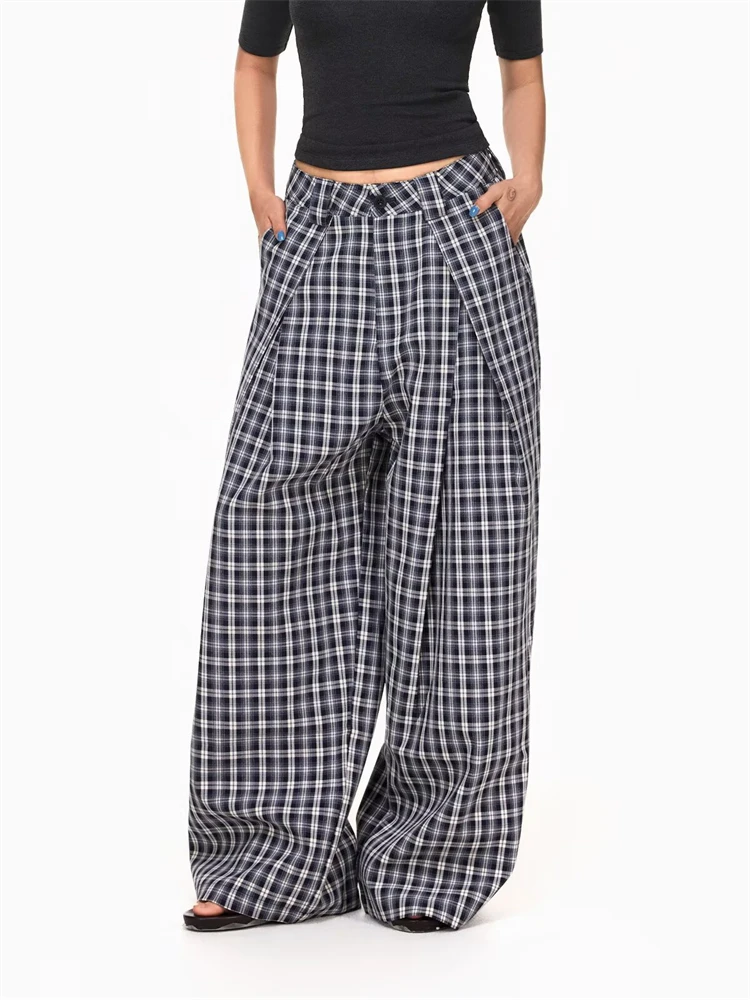 Women's Retro Checkered Pattern Commuting Thin Trousers Casual Unisex Wide Leg Bottoms Female Baggy High Waist Sweatpants