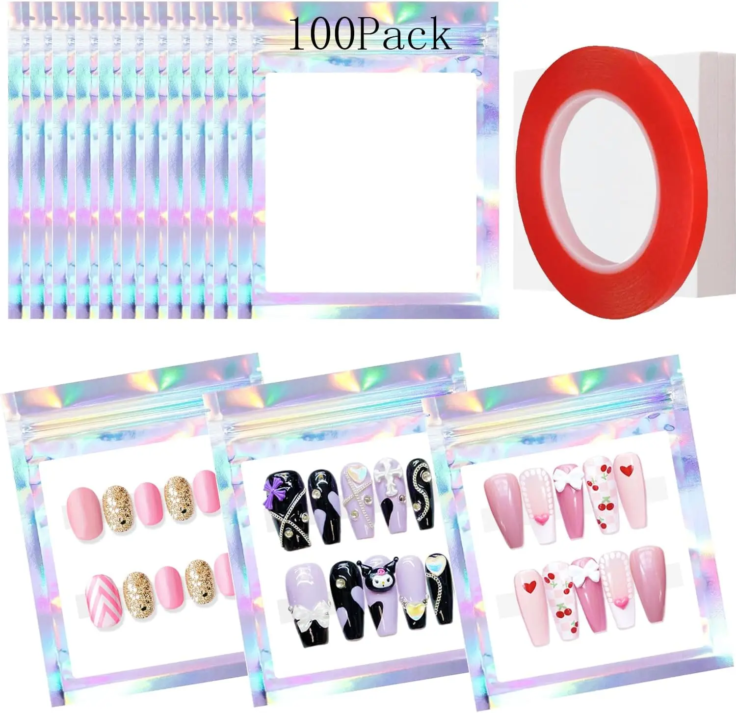 

100PCS Holographic Nail Storage Bags with 100PCS Cardboard Nail Tips Packaging and Transparent Tape for Press-on Nails