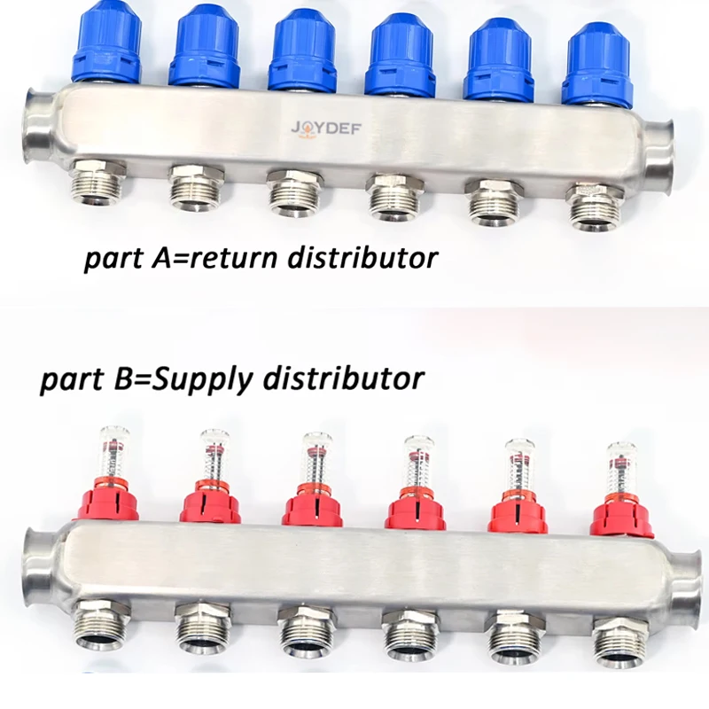 Stainless steel heating manifold with flow meter and return manifold, optional adapter 3/4 ''x Φ16mm/3/4 ''x Φ20mm