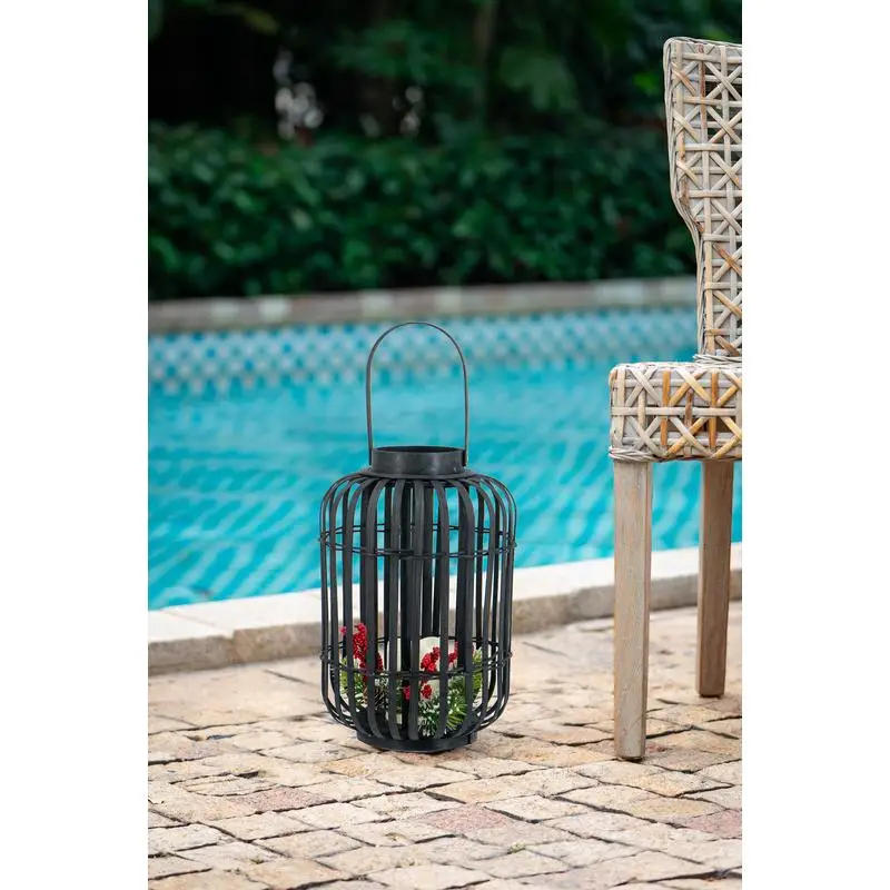 

Black Bamboo Lantern with White LED Candle 9.3x9.3x13.8 inches - Decorative Light for Home Decor