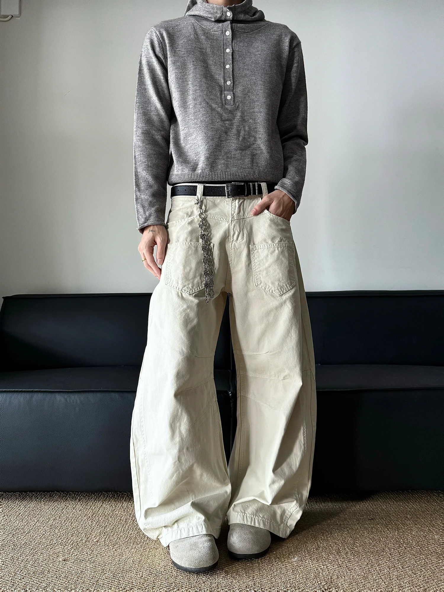 

American High Street Simple Drape CleanFit Wide Leg Knife Pants Men Deconstructed Apricot Multi Pocket Workwear Jeans
