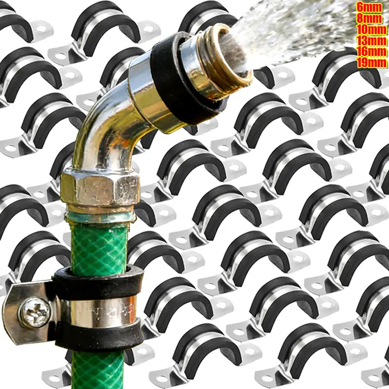 

304 Stainless Steel Secure Hose Clamps Kit Assorted Sizes Rubber Cushioned Fixation Automotive Plumbing Workshop Fasteners Set