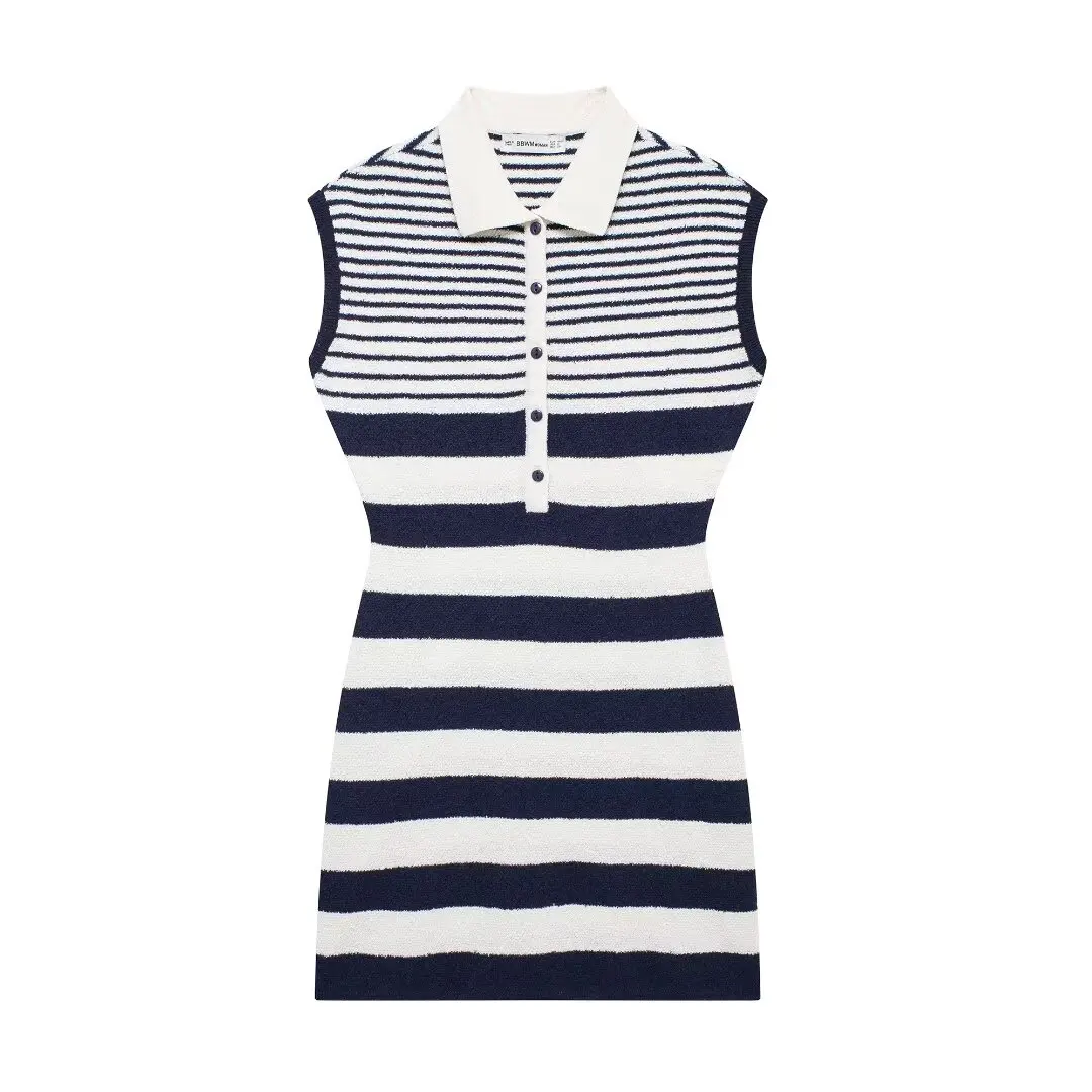 

TRAFZA Female Chic Mini Dress Stripe Turn-Down Collar Sleeveless Buttons Single Breasted Summer Casual Dresses Woman Trendy