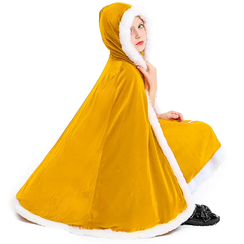 Kerst Cosplay Kostuum Geel Rode Cape Volwassen En Kinderen Dames Wintermantel Kerstfeest Koningin Mantel Nieuwjaar Cadeau