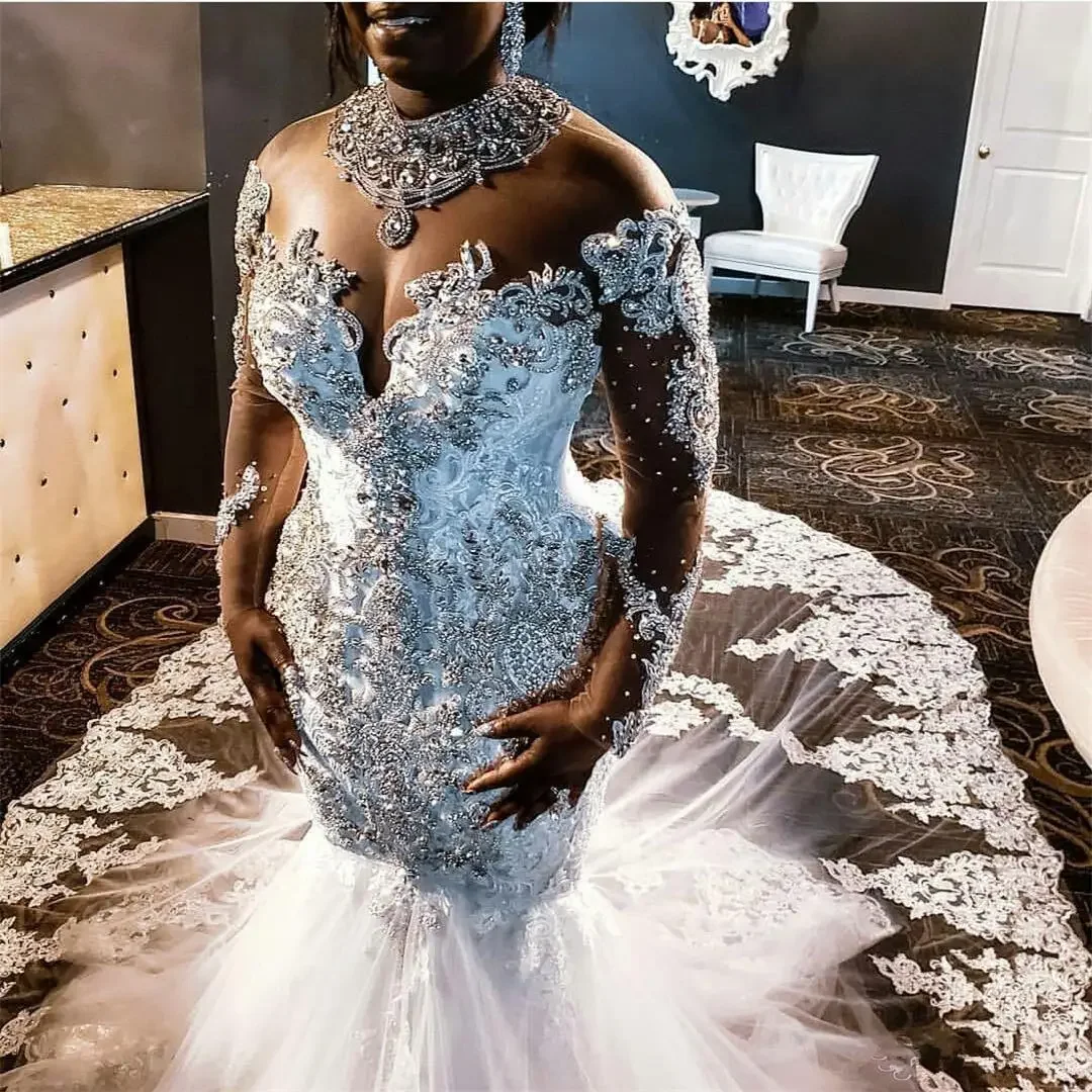 Customized South African Plus Size Wedding Dresses With Crystals Lace Beaded Long Sleeve Court Train Luxury Mermaid Wedding Gown