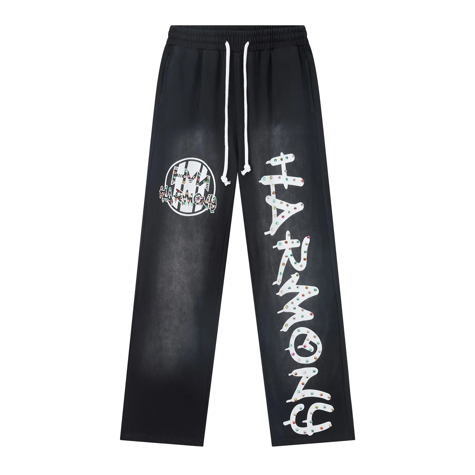 Men Rhinestone Graphic Sweatpants Vintage Faded Washed Baggy Wide Leg Pants Unisex Hip Hop Streetwear Drawstring Loose Joggers