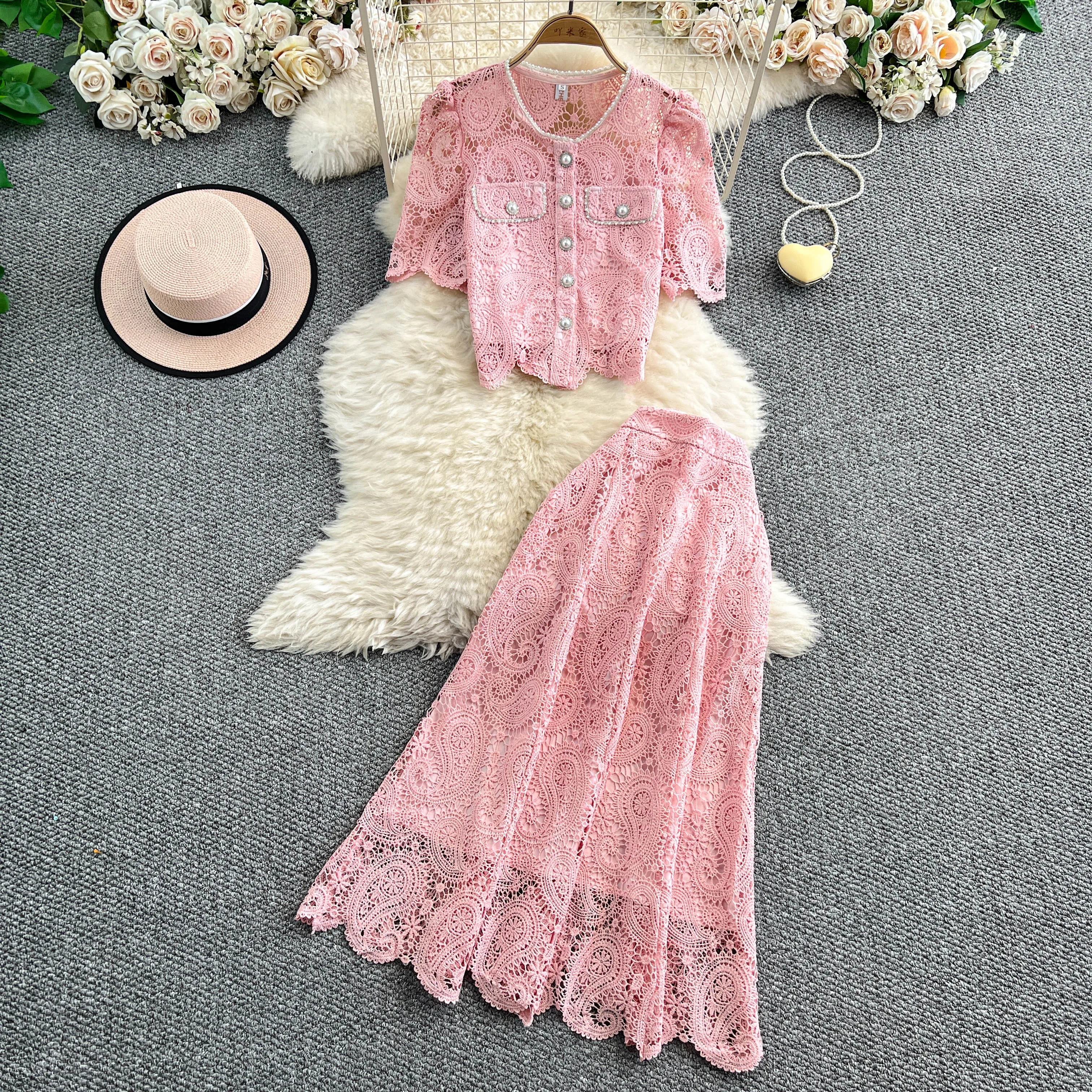 

Elegant Pearl Long Dress Suits for Women Summer Short Sleeve Hollow Out Lace Shirt Match A Line Midi Skirt 2 Piece Sets