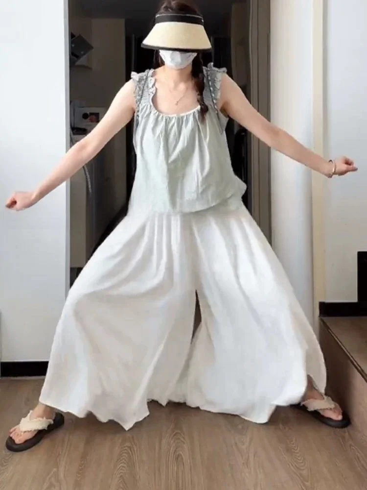 High Waist Wide Leg Pants Women's Summer Thin Large Size Loose Straight Cut Drapey Nine Points Skirt Pants Casual Trousers