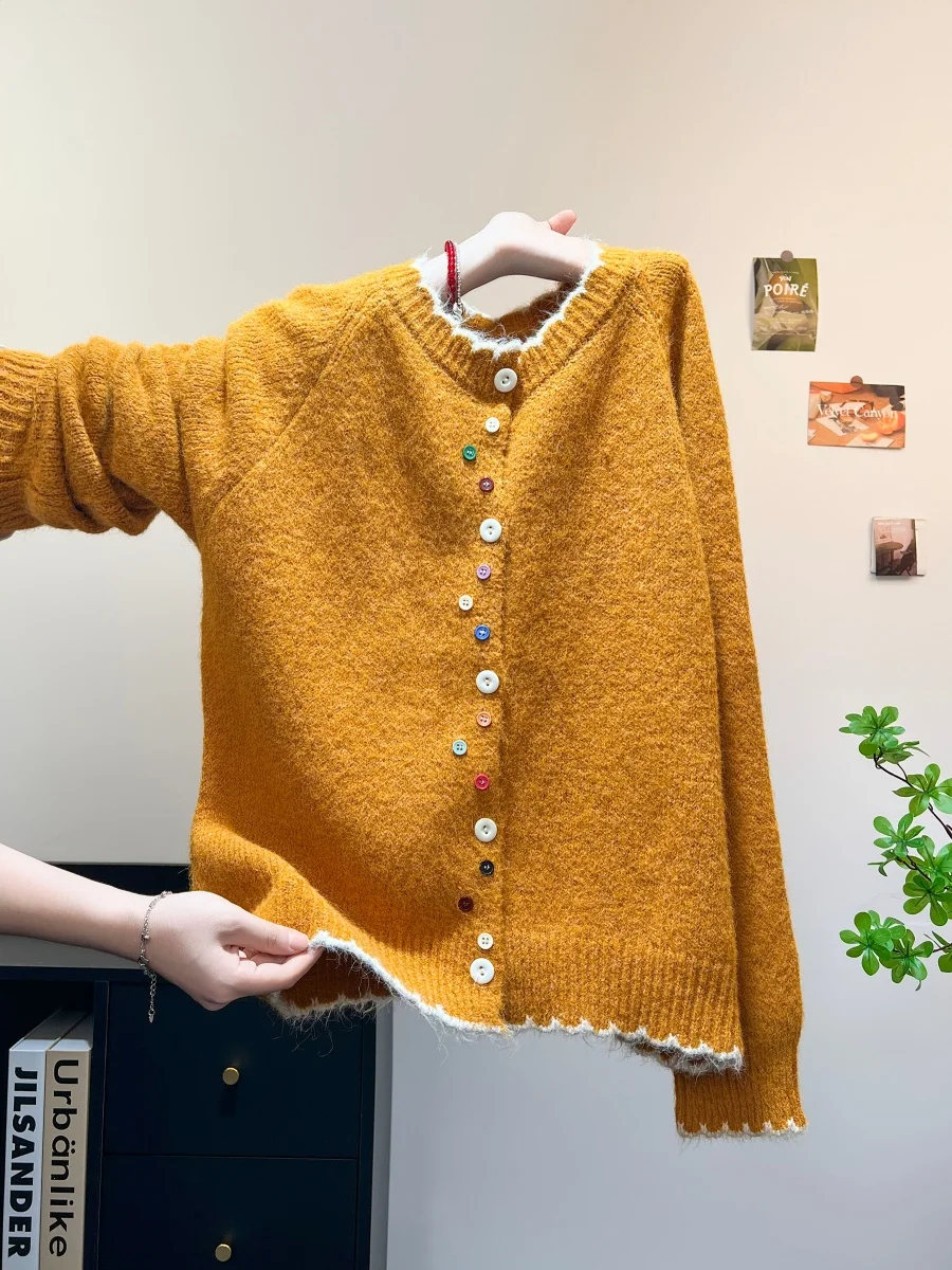 韓国カラーブロックカーディガン女性ボタンセータージャケットソフトルーズ秋トップ