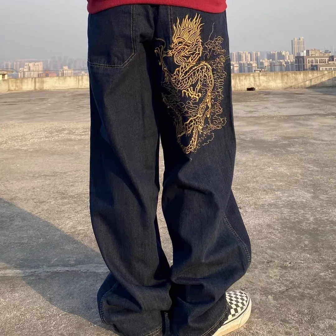 Loose Embroidered Versatile Jeans American Vintage Jeans Men's Street Skateboarding Hip Hop Dad Floor Wide Leg Pants