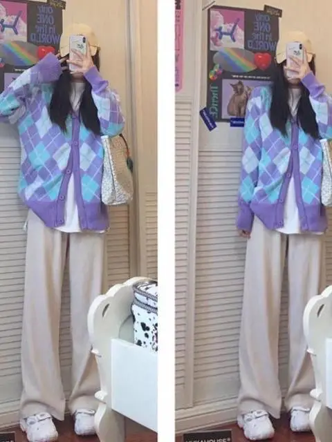

Autumn Winter Lazy Style Soft Cozy Diamond Pattern Open Cardigan Knitted Sweater Women's Retro School Uniform Loose Long Slee...