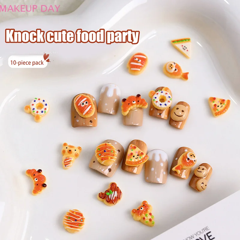 10Pcs Cute Bread Bear Nail Art Decoration Simulation Accessorie Resin Nail Charm Girl Nail Art Enthusiasts DIY