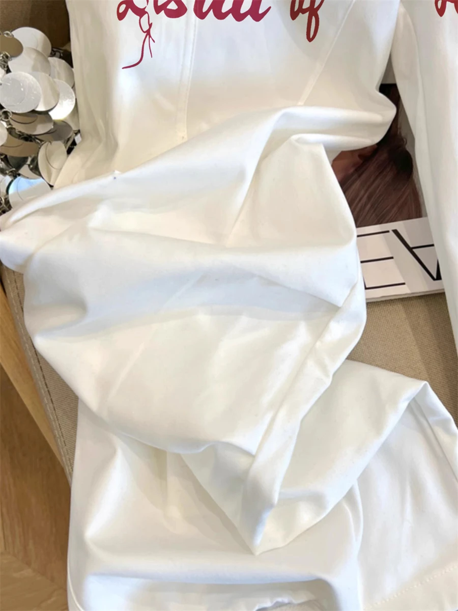 กางเกงทำงานพิมพ์ลายตัวอักษรสีขาวทันสมัยทรงหลวมเอวสูงแบบมีเชือกผูกสำหรับผู้ชายและผู้หญิงใส่ได้ทุกโอกาสในฤดูร้อน