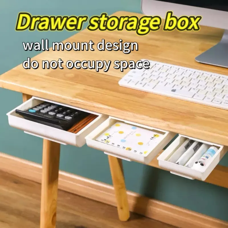 Under Desk Storage Box Invisible Self-Adhesive Type Tray Hidden Table Under Storage Drawers for Pencil Makeup Pen Stationery Box