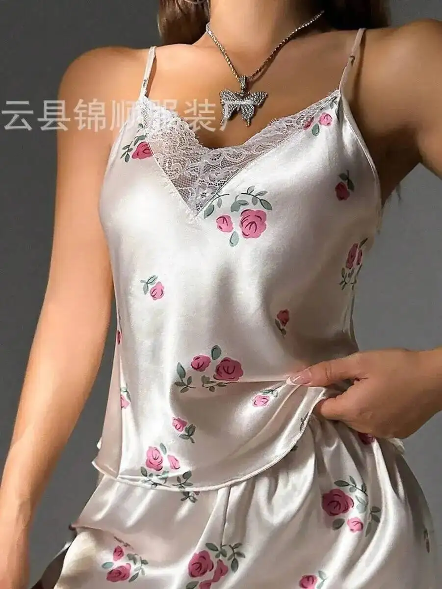 여름 뜨거운 판매 꽃 패턴 반바지 세트 레이스 트림 순수한 욕망 캐주얼 여성 반바지 세트 딥 V 민소매 우아한 DALY