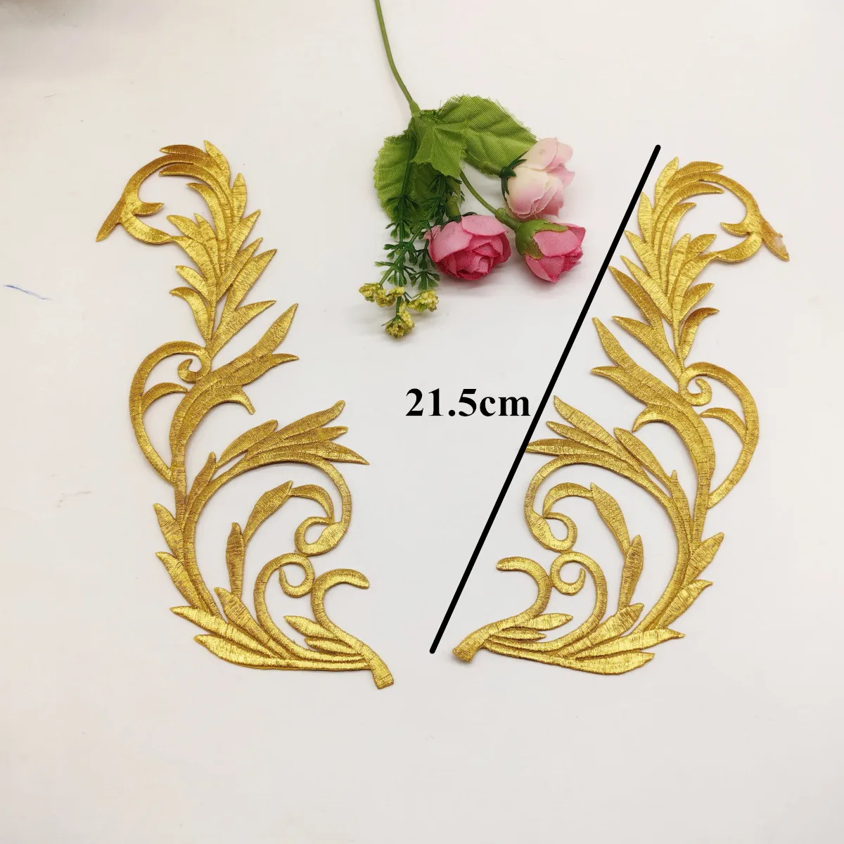 1 Pair Gold Embroidered Patche Iron On Flower Appliques For Punk Clothes Diy Trims Shiny Metallic Golden Accessory 21.5cm