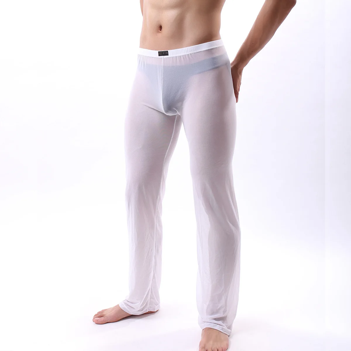 Sexy masculino sleep bottoms calças transparentes finas ver através de pijamas malha homewear gaze sedução pijamas longos cuecas