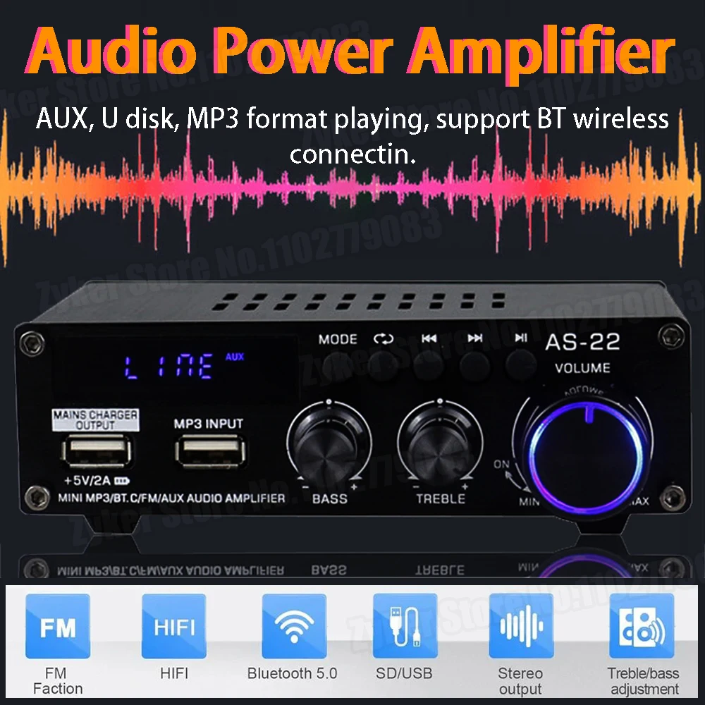 AS22 AK45 HiFi Digital Amplifier 40Wx2 2.0 Channel Digital Bluetooth Amplifier 400Wx2 AC 90-240V Stereo Audio Amplifier Receiver