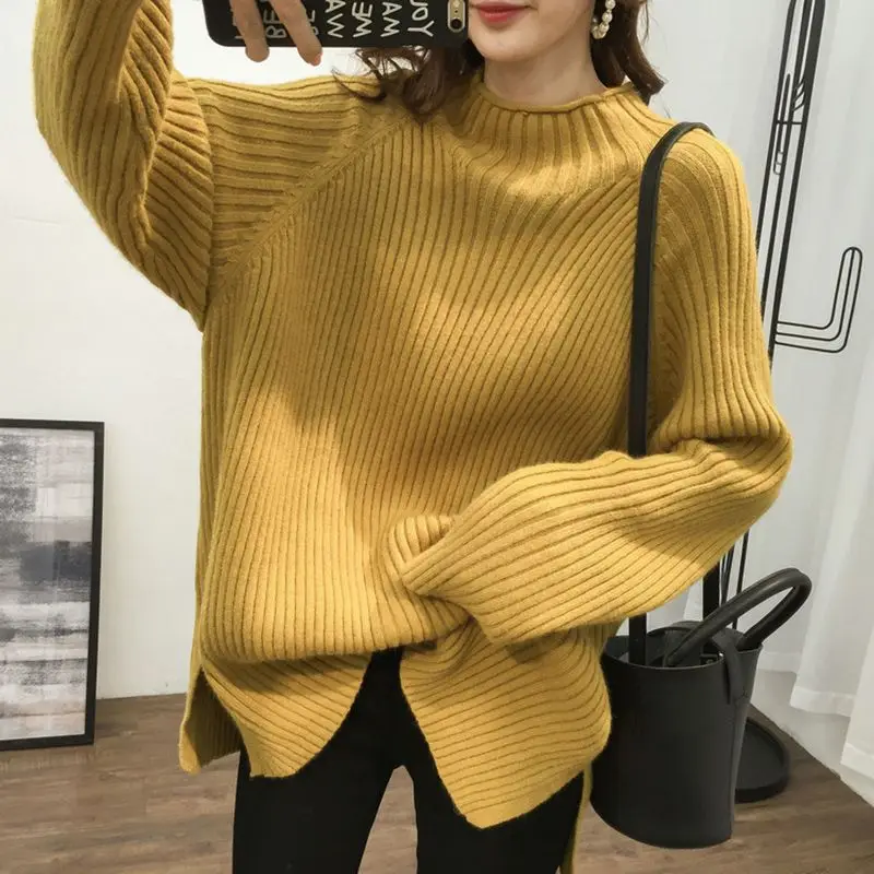 

Autumn Winter Casual Fashion Pit Stripe Thick Half High Neck Women's Sweater Lazy Style Loose Medium Length Knit Top for Women