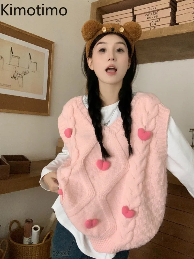 Kimotimo Sweet 3D Heart Knitted Vest Women 2024 Autumn Pink V Neck Loose Sleeveless Sweater Korean Chic All Match Y2k Pullover