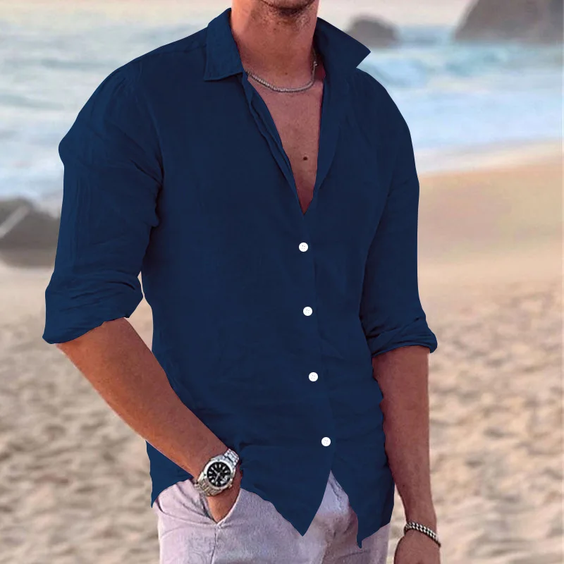 2024 New style Men\'s Fashion Solid Color Loose Single Breasted Lapel Cotton Linen Long Sleeve Shirt Casual Men\'s Blouse