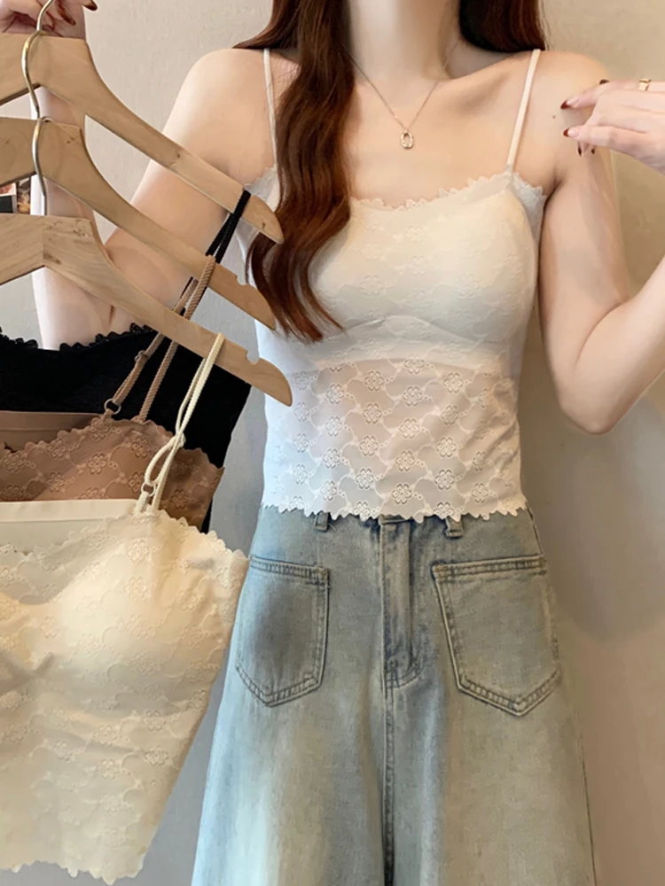 Weiß Spitze Strap Weste Top frauen Inner Wear Tank Top Pad Brtte Sommer Neue Sle Bal Crop Top Fene Ele