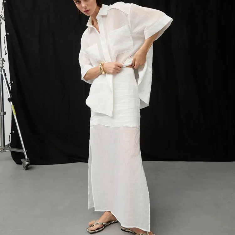 Fashion Loose White Cotton Women Two Pieces Set 2026 Summer Short Sleeve Shirt With High Waist Long Skirt Set Streetwear