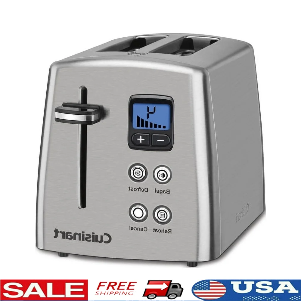 

2 Slice Stainless Steel Toaster with LCD Countdown 7 Settings Defrost Reheat Bagel Options Crumb Tray 1.5 Inch Slots