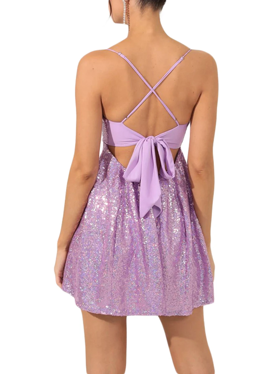 Women s Sexy Sequin Halter Mini Dress Backless Glitter Spagetti Straps Ruched Sparkly Swing A-Line Dinner Dress