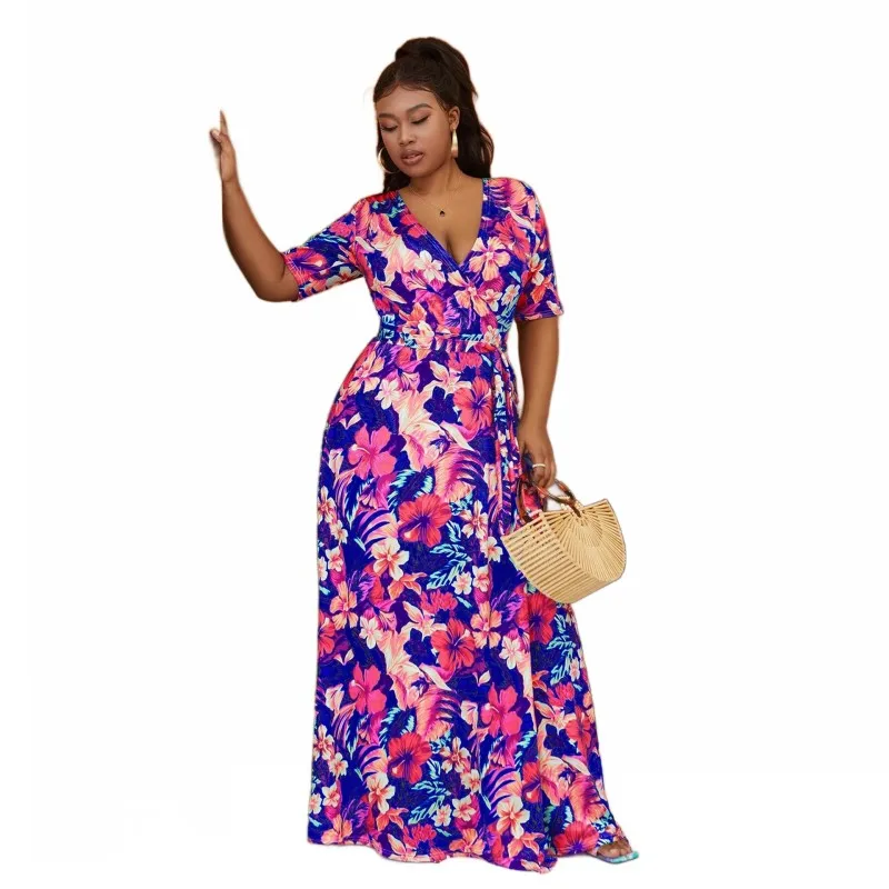 Women's Maxi Bohemian Dress Spring Summer Beach Tie Dye Printed Casual Split Short Sleeved Big Size Boho Long Dress Robe Femme