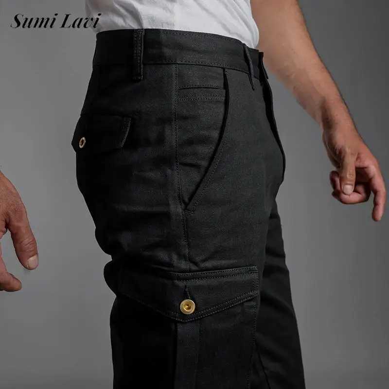 

Винтажные мужские брюки-карго с несколькими карманами, осенние модные текстурированные свободные прямые брюки, мужские однотонные брюки для отдыха