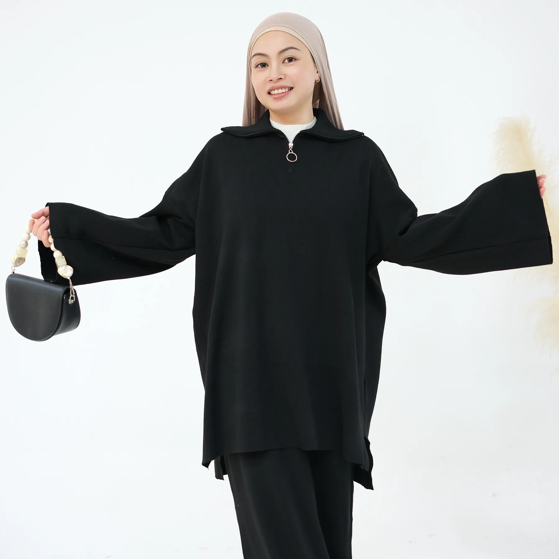 Women 2 Piece Set Modest Muslim Warm Knit Zip Pullover Sweater Long Skirt Autumn Winter Outfits Islam Clothing Dubai Abaya Dress