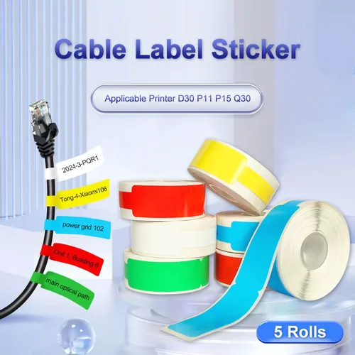 Etiquetas adhesivas térmicas para Cable de 12x109mm, rollo adhesivo, cinta adhesiva imprimible, identificación de red de cables de papel para D30 P11 P15