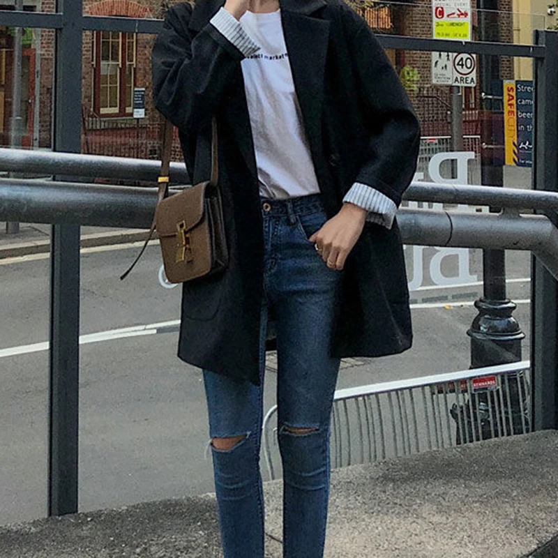 

Medium-long Blazers Women Double Breasted Ulzzang Patchwork Leisure Notched Classic All-match Ladies Elegant Suits Coat Trendy