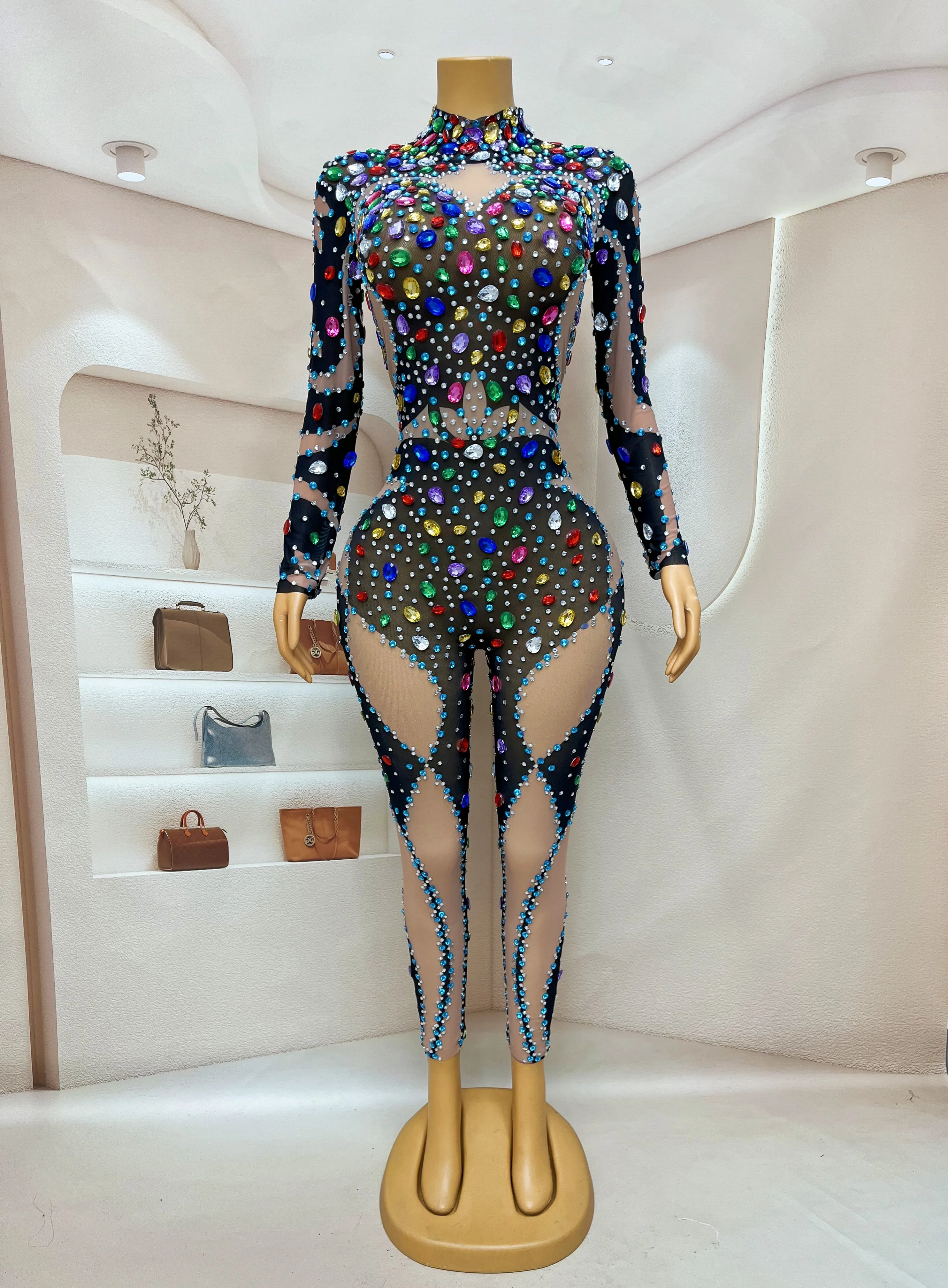 Evening Celebrate luxurious Colorful Rhinestones Black Jumpsuit Transparent Mesh Sexy Dance Outfit Bodysuit Costume youyu