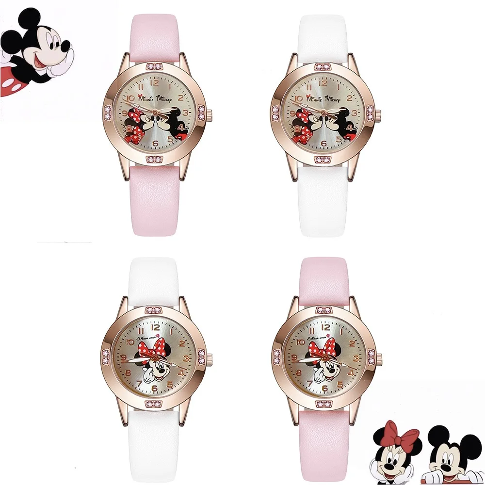 Disney Children's Watch Fashion Cute Mickey Minnie Dial Women's Quartz Watch with Water Diamond Student Watch Suitable for Gift
