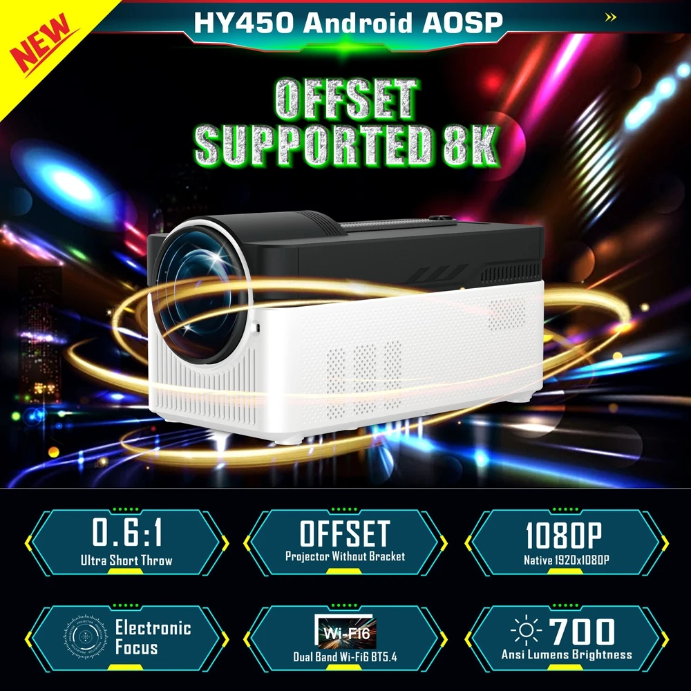 MOK HY450 700ANSI لومينز قصيرة رمي العارض أندرويد 11 جهاز عرض صغير محمول LED مصباح التركيز التلقائي 2G 32G العارض