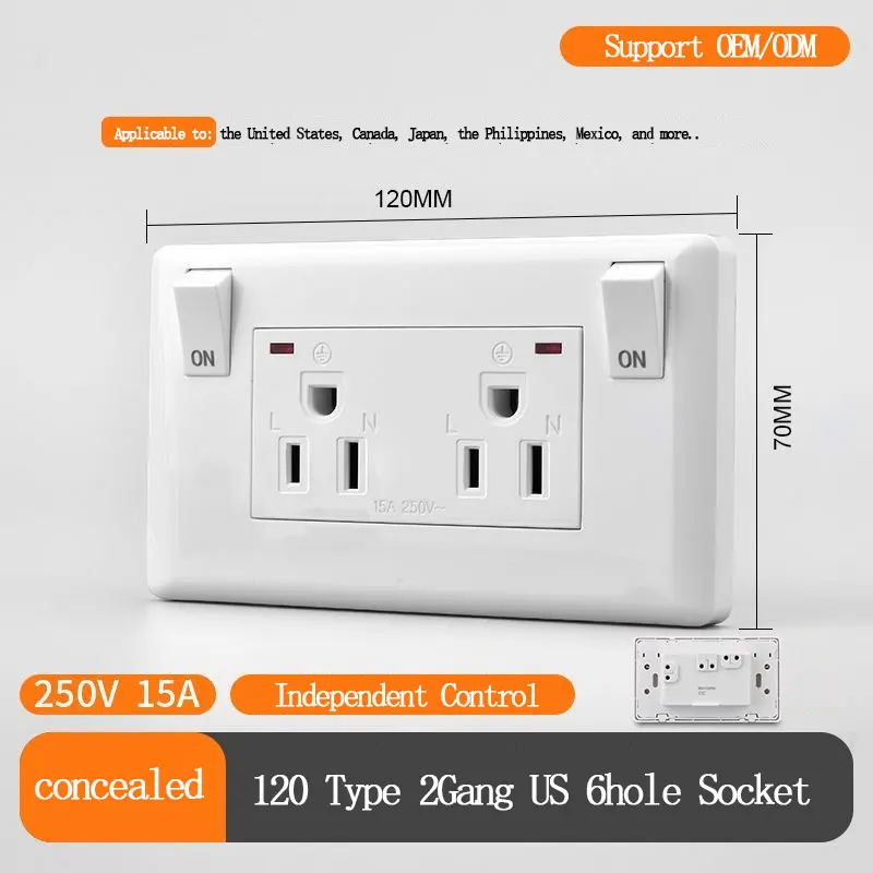 US Concealed Switch Socket 15A 2Gang Control US Three-Pin 120-Type Plug-In American Six-Hole for Electrical Wiring Power Socket
