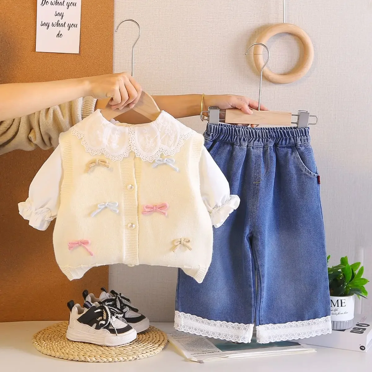 

Baby Girl's Three Piece Set Spring Autumn Sweater Vest And Wide Leg Pants Outfit for Children 1-5Y